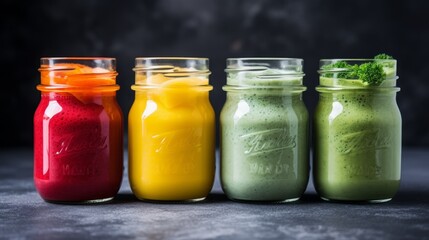 Four colorful smoothies in mason jars