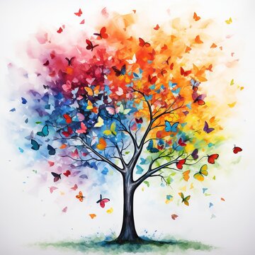 illustration of watercolor tree with butterfly leaves bright colors, Generative ai