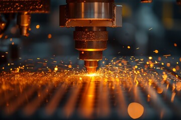 Industrial laser cutting machine in operation, cutting through metal plate, with sparks flying