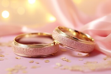 Pink and gold wedding rings on a pink background with gold confetti