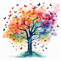Obraz na płótnie Canvas illustration of watercolor tree with butterfly leaves bright colors, Generative ai