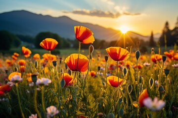 Field of red poppies at sunset