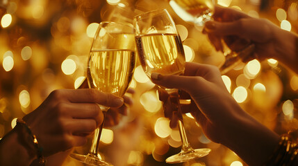Human hands toasting sparkling wine glasses in a close-up shot against a background of golden bokeh lights