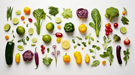 Various colorful vegetables and fruits arranged on white background