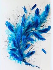 The image displays a vertical abstract composition, consisting of various shades of blue feathers that are arranged to suggest a sense of movement. The feathers emanate from a central, spine-like stru