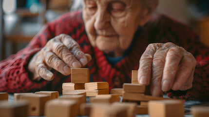 Elderly woman playing with wooden blocks in a geriatric clinic or nursing home - obrazy, fototapety, plakaty
