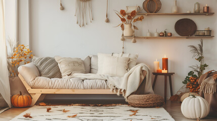Modern living room adorned with natural fall decor including pumpkins and candles. Featuring an empty wall mockup