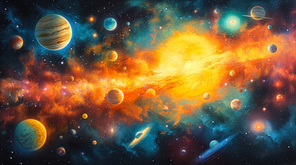 Obraz na płótnie Canvas Artistic representation of a vibrant cosmic galaxy with a diverse array of planets orbiting a luminous central sun amidst a star-studded nebula