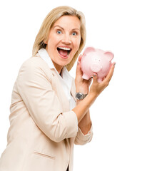 Happy woman, surprise and piggy bank with money, savings or investment for future. Portrait of...