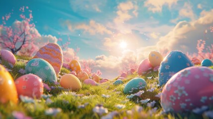 Obraz na płótnie Canvas crazy easter background with magical hills and colorful sugar eggs, blue sky, sunny day, spring