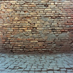 Old brick wall texture with weathered bricks and cracked plaster