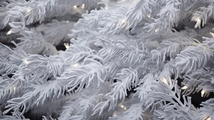 Close up of a flocked artificial Christmas tree with warm white lights