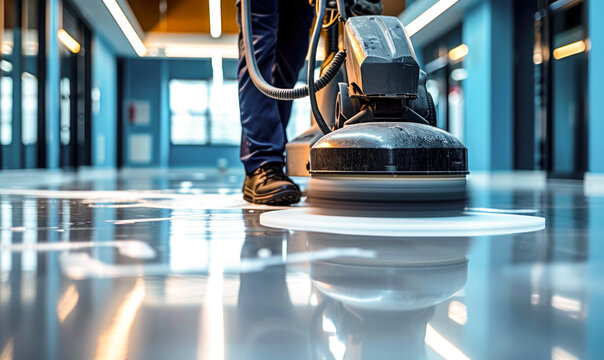 Professional janitorial staff using an industrial floor buffer machine for cleaning and polishing the hallway of a modern corporate or commercial building