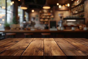 An empty wooden table in a cafe with a blurred background