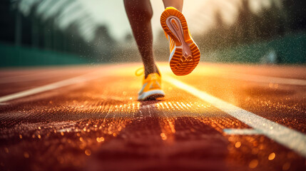 Close-up of an athlete's feet wearing bright yellow running shoes, sprinting on a red track with dust particles reflecting the sunlight at sunset