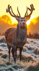 A majestic deer stands in a field of grass at sunrise