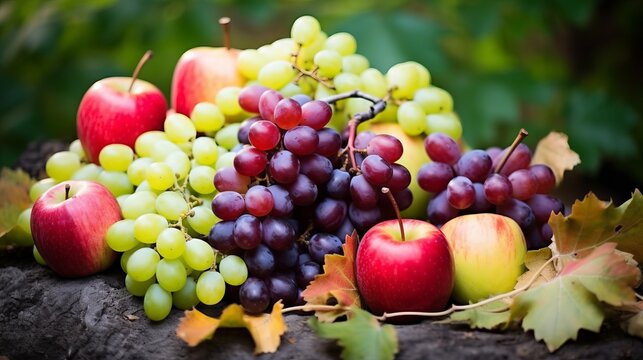 A variety of fruits including apples and grapes are arranged on a wooden table.
