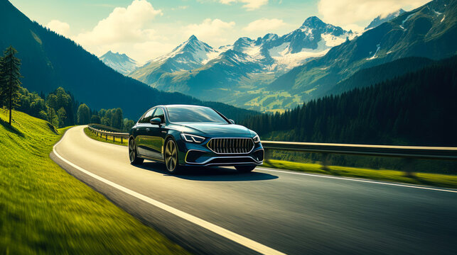 Luxury sedan driving on a scenic mountain road with panoramic views of alpine peaks and lush green forests in a tranquil summer travel adventure