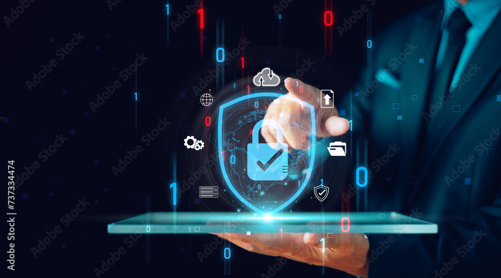 Poster cyber security privacy concept to protect data information. lock icon and internet network secure te