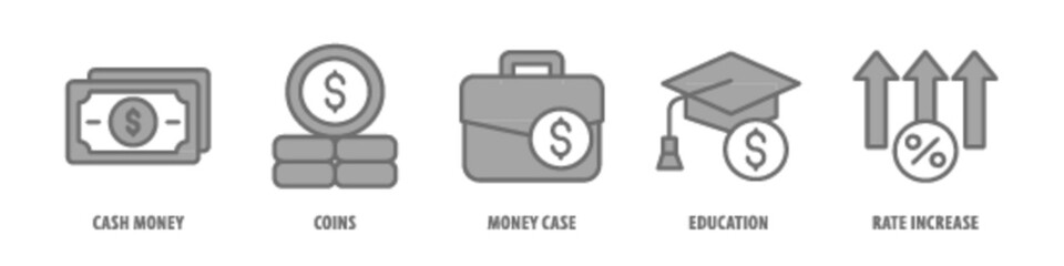 Rate Increase, Education, Money Case, Coins, Cash Money editable stroke outline icons set isolated on white background flat vector illustration.