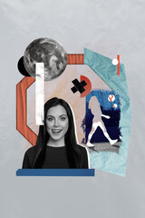 Vertical collage creative illustration image monochrome effect cheerful positive beautiful young...