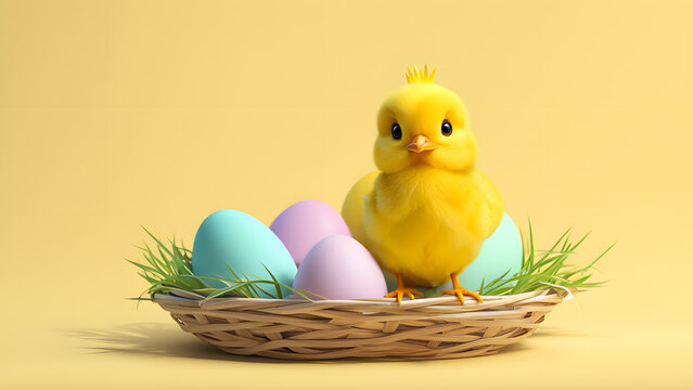 3D chicks on a grass basket with easter eggs. Minimalist easter day template with yellow background.