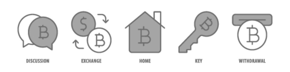 Withdrawal, Key, Home, Exchange, Discussion editable stroke outline icons set isolated on white background flat vector illustration.