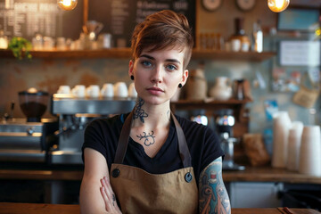 Stylish Female Barista with Tattoos in a Cozy Coffee Shop