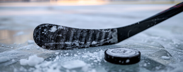 A black hockey stick and rubber puck rest on the smooth ice surface, poised for action against a pristine, icy background. - obrazy, fototapety, plakaty