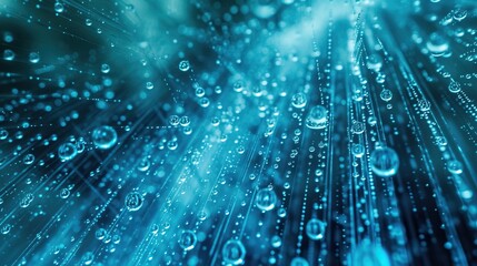 This image shows a highly detailed close-up of numerous sparkling water droplets dispersed across a shimmering surface with a clear blue tone suggestive of fiber optic technology, highlighted by beams