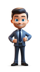 Happy smile laughing cartoon character office businessman young man person in blue tie in 3d style design on light background. Human people feelings expression concept