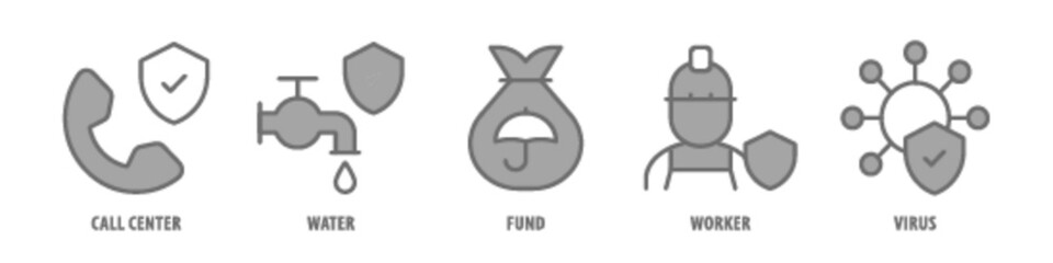 Virus, Worker, Fund, Water, Call Center editable stroke outline icons set isolated on white background flat vector illustration.