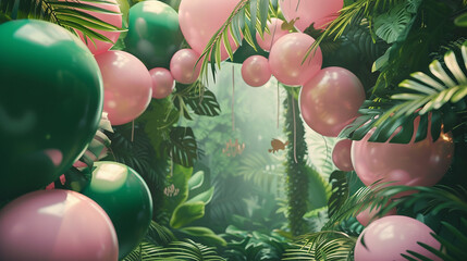 arco com balões rosa e verdes tema aniversário de menina plantas tropicais - obrazy, fototapety, plakaty
