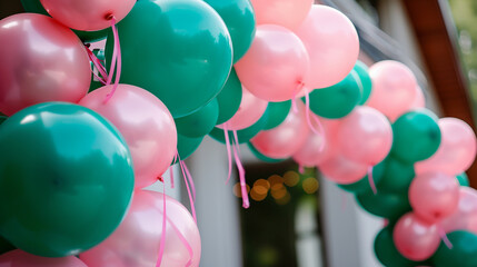 arco com balões rosa e verdes tema aniversário de menina  - obrazy, fototapety, plakaty