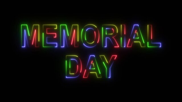 Memorial Day colorful neon laser text animation glitch effect cinematic title on black abstract background. 4 Colour Neon texture in 4K.