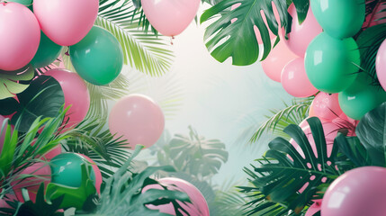 arco com balões rosa e verdes tema aniversário de menina plantas tropicais  - obrazy, fototapety, plakaty