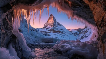 Mystical Frozen ice dark cave. Dangerous crystal sharp icicles lions hang from ceiling. Bright light arched entrance to grotto. Fabulous winter nature landmark. Beautiful cold season, Global warming. - obrazy, fototapety, plakaty
