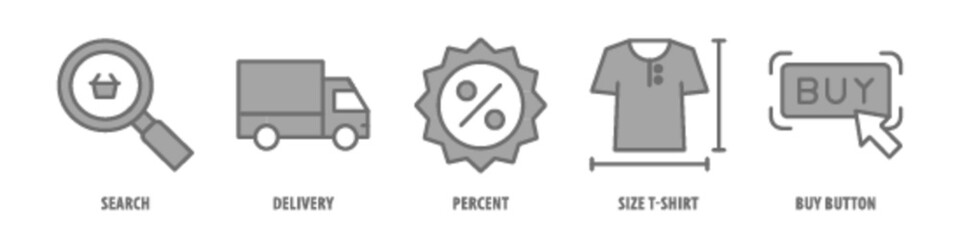 Buy Button, Size, T-Shirt, Percent, Delivery, Search editable stroke outline icons set isolated on white background flat vector illustration.