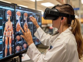 A medical student in a lab coat using virtual reality technology to study detailed human anatomy on interactive screens.