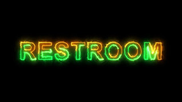 WC, Toilet, Restroom Neon Text Lone Glowing on Dark Brick Wall with Night Light and Flash Animation. Bright Toilet Sign Outline Lighting in 4K.