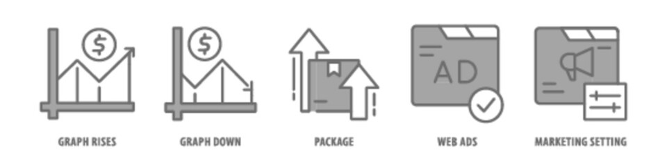 Marketing setting, Web ads, Package, Graph down, Graph rises editable stroke outline icons set isolated on white background flat vector illustration.