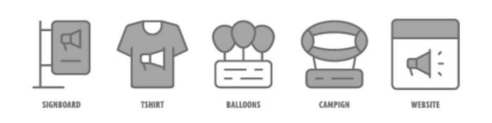 Website, Campaign, Balloons, T-shirt, Signboard editable stroke outline icons set isolated on white background flat vector illustration.