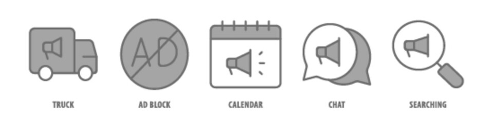 Searching, Chat, Calendar, Ad Block, Truck editable stroke outline icons set isolated on white background flat vector illustration.