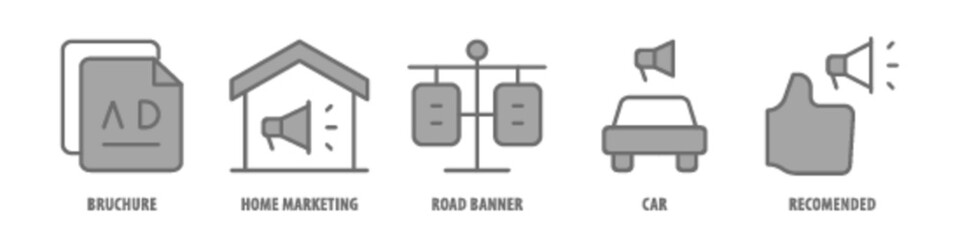 Recommended, Car, Road Banner, Home Marketing, Brochure editable stroke outline icons set isolated on white background flat vector illustration.