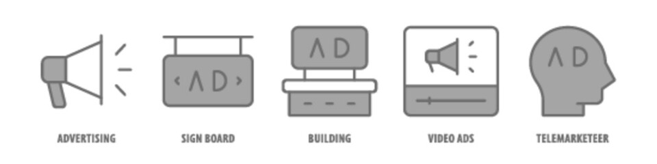 Telemarketer, Video Ads, Building, Sign Board, Advertising editable stroke outline icons set isolated on white background flat vector illustration.