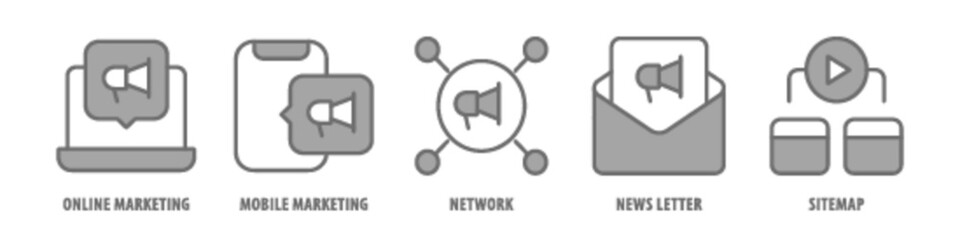 Sitemap, News Letter, Network, Mobile Marketing, Online Marketing editable stroke outline icons set isolated on white background flat vector illustration.