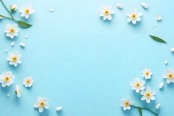 Spring border background with white blossom on soft light blue background