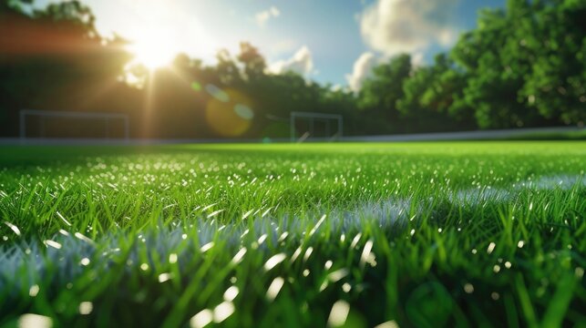 The image captures an early morning scene at a soccer field, where the sunrise is breaking through the tree line, casting a warm, golden glow over the lush green turf. The field is fresh and covered w