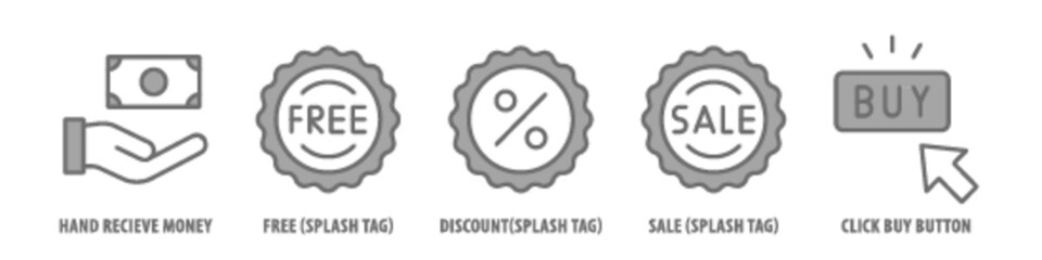 Click, Buy button, Sale (splash tag), Discount (Splash tag), Free (splash tag), Hand, Receive, Money editable stroke outline icons set isolated on white background flat vector illustration.