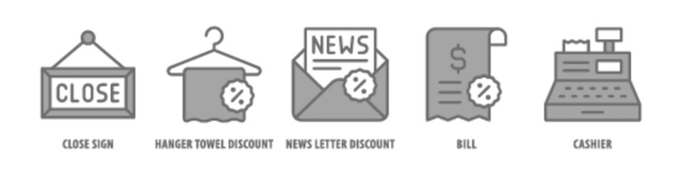 Cashier, Bill, News letter, Discount, Hanger towel, Discount, Close sign editable stroke outline icons set isolated on white background flat vector illustration.